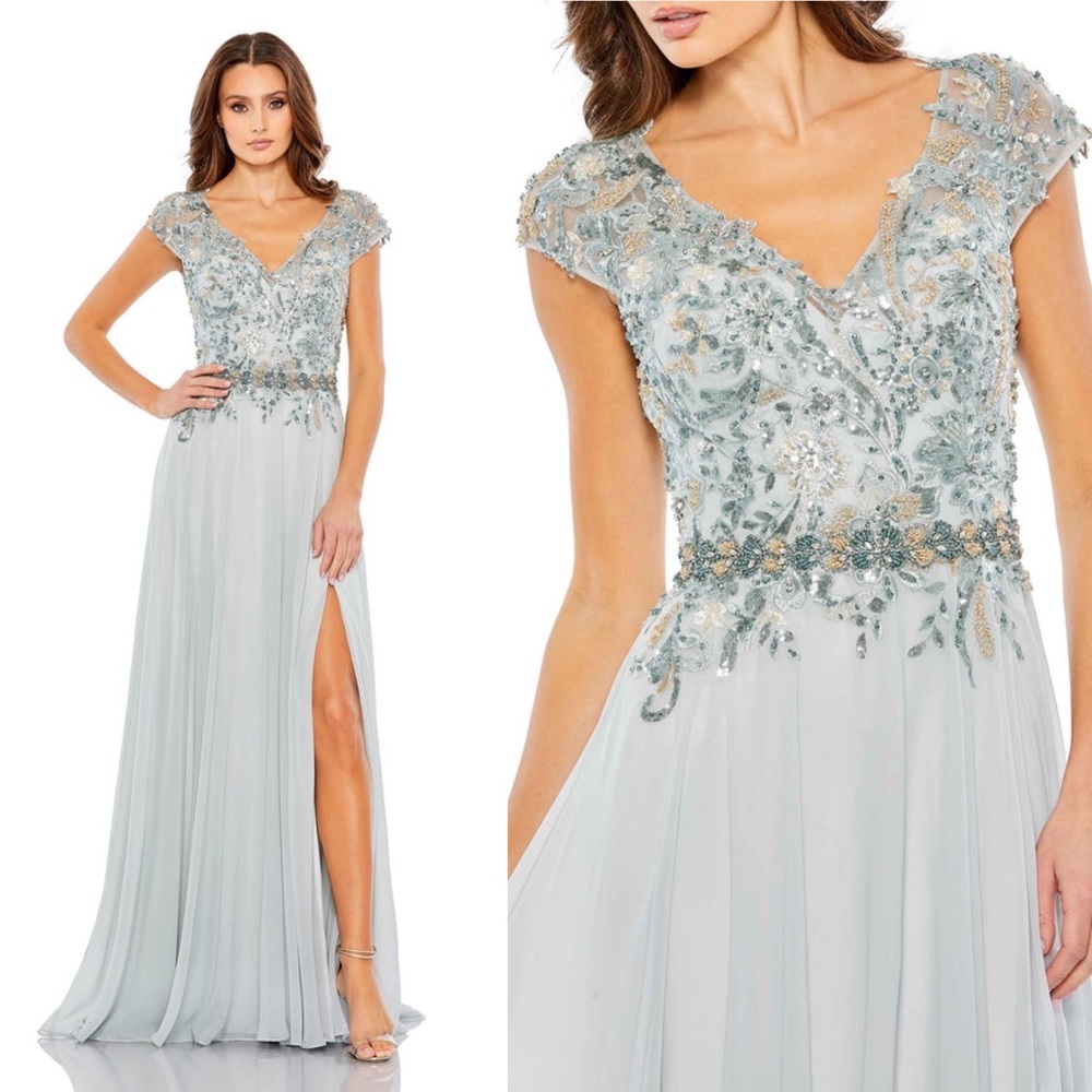MAC DUGGAL BEADED SEQUIN CAP SLEEVE CHIFFON A-LINE SEAMIST GOWN dusty blue sz 10